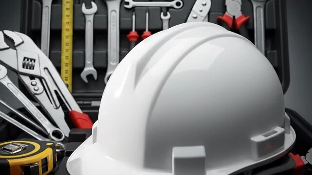 Open toolbox filled with various hand tools and a white hard hat, ready for construction.