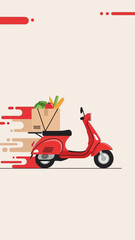 Vibrant Red Scooter Delivering Fresh Groceries Swiftly Against a Neutral Backdrop