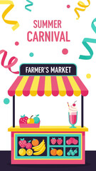 Vibrant Summer Carnival Farmers Market Stall Displaying Fresh Produce, Drinks, And Festive