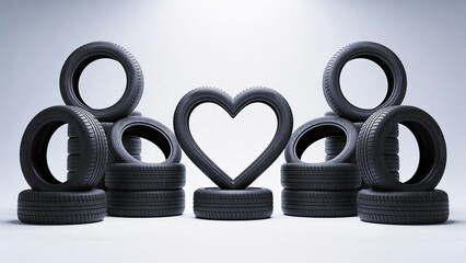 Black rubber tires are arranged in a heart shape against a light gray background, showcasing tread patterns and automotive design elements. Repair, workshop, auto mechanic