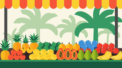 Vibrant Tropical Fruit Stand with Palm Trees Against a Soft And Refreshing Background