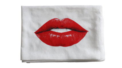 Glossy red lipstick lips print on folded white fabric napkin with detailed texture isolated on white background