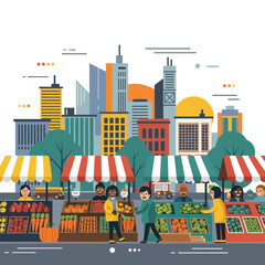 Vibrant Urban Marketplace Scene: Colorful Stalls, People, Fresh Produce, Cityscape Backdrop