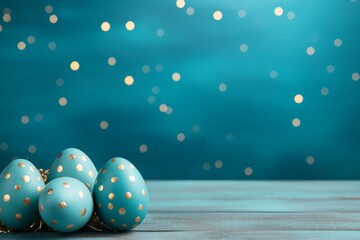 Teal easter eggs with gold polka dots standing on wooden surface with bokeh lights