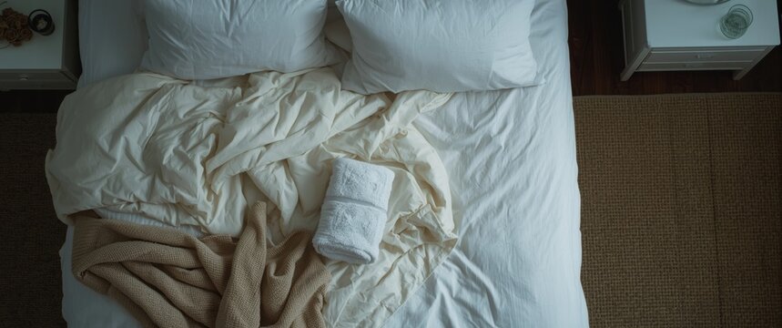Overhead perspective of an unmade bed in a bedroom featuring a wrinkled bed sheet, blanket, white shower towel, and two pillows following waking up, with bedclothes in disarray
