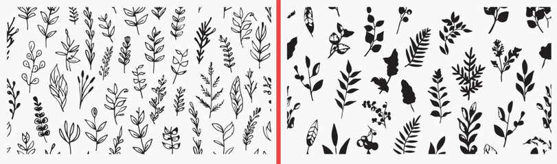 Botanical Floral Nature Pattern Collection Art, Hand Drawn Leaf Branch Sketch Design Vector, Simple Wildflower Plant Doodle Clipart Bundle, Decorative Natural Element Graphics Stock Set, Elegant Botan