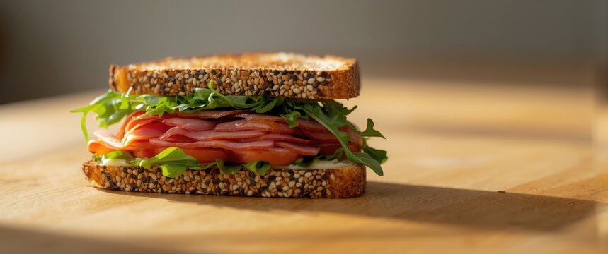 Delivery Food Selection: Ham sandwich with arugula, lettuce, cheese on seed bread