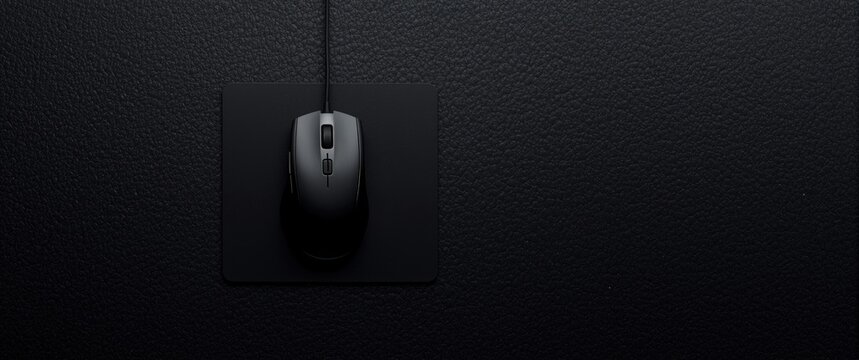Top view of wired mouse and mousepad on a black textured table
