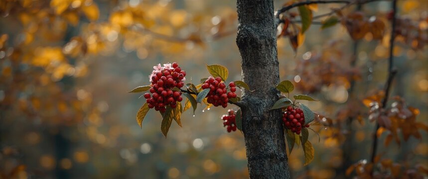 Euonymus verrucosa, the warty spindle tree with poisonous red berries and pink flowers in autumn forest, seeds and ripe fruits
