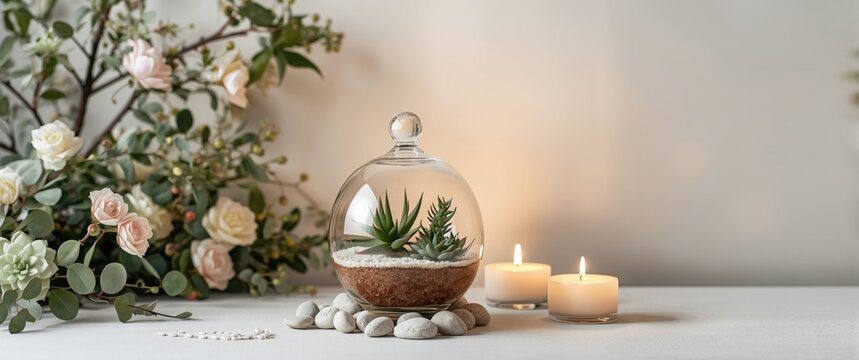 Succulent terrarium in a glass vase amidst candles, featuring flowers, design, nature, tree, love, table, home, leaf, gift