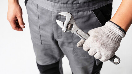 Man technician in gray overalls is holding an adjustable wrench in his hand, highlighting his work attire and tool against a neutral background