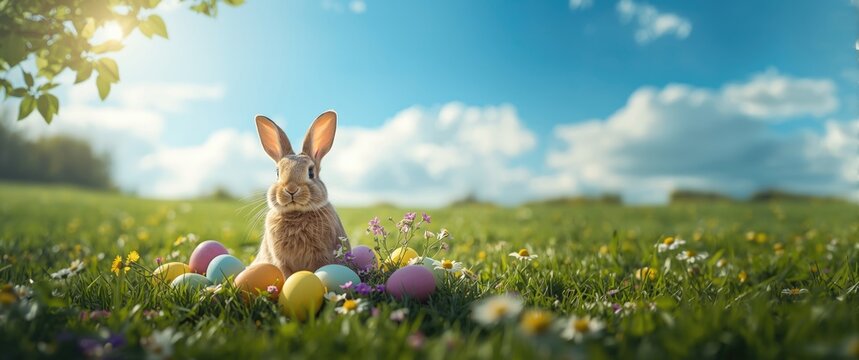 Easter eggs and bunny in a springtime meadow