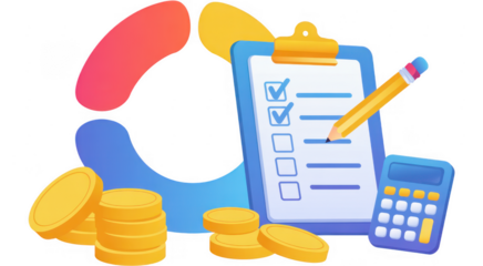 Checklist with calculator and coins clipboard pencil isolated on a transparent background