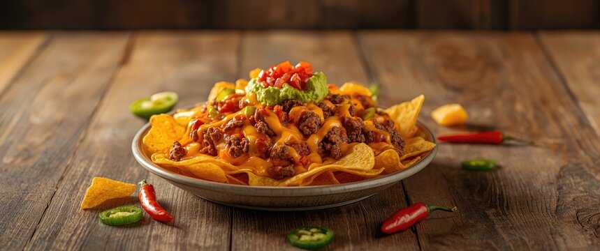 Yellow corn tortilla chips with cheese, meat, avocado guacamole, and hot red salsa - Mexican nachos