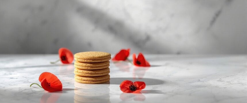 Red poppies on traditional Australian Anzac biscuits