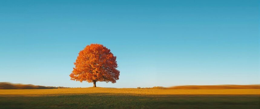 Autumn scene with vibrant orange treetop and blue sky