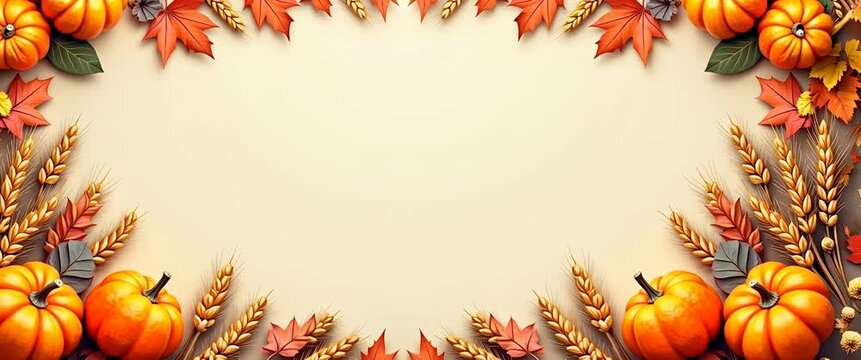 Autumn harvest animation with pumpkins and leaves gently swaying; slow pan across the vibrant fall scene, cinematic style, highlighting seasonal decorations and natural abundance.