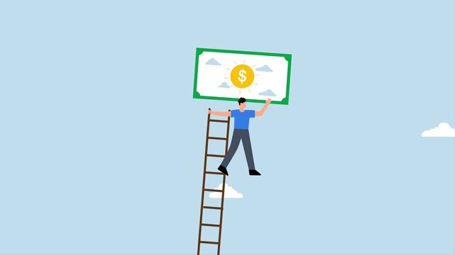 Business and investment vision to see ahead future return, 4k animation of businessman and an investor look through a large telescope to view a rising green graph.