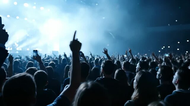 man lifts phone above crowd during concert. silhouette of man and hand against stage light and smoke. audience packed near stage. crowd reaches toward phone. fixture and smoke fill venue. crowd.