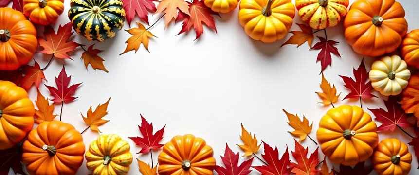 Festive pumpkins and vibrant autumn leaves gently sway as the camera slowly pans over a crisp white background, creating a serene, cinematic fall harvest scene perfect for seasonal content.