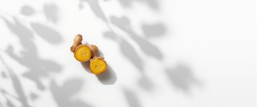 Cut ginger rhizome displayed on a white surface