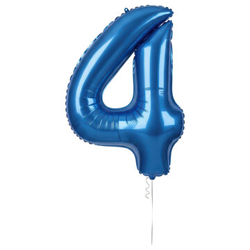 Vivid blue metallic number 4 foil balloon with string on transparent background