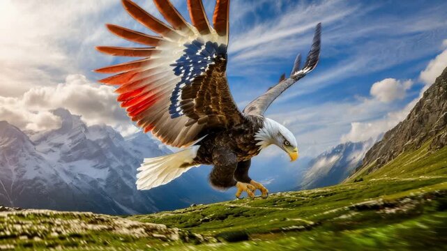 Eagle with red, white and blue wings is flying and then lands on a rock