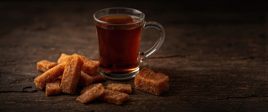 Unrefined sugar or palm sugar pieces served with tea, Southeast Asian traditional sweetener, moody hot drink scene on wood