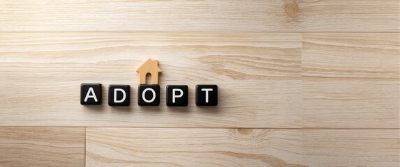 Dark cubes with the word ADOPT and a house silhouette on a light wooden surface, representing family, happiness, and home concepts