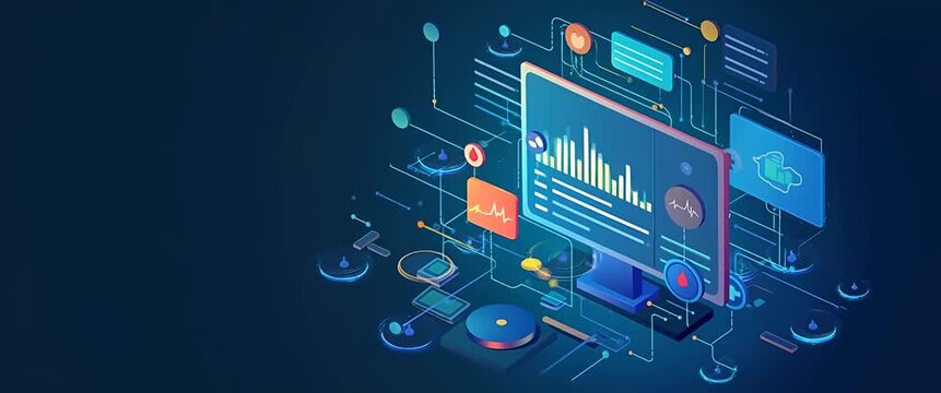 Futuristic digital interface with dynamic data flow animates across a sleek computer monitor, gently swaying lights, and a slow panning camera, in a cinematic, tech-focused style.