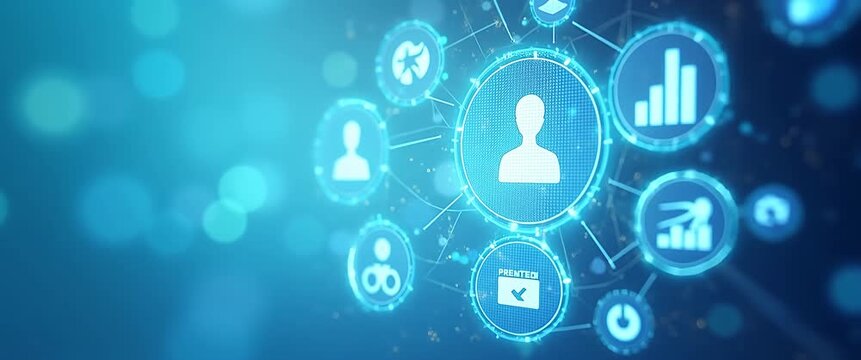 Digital network icons gently pulse against a soft blue background while the camera slowly pans, creating a futuristic, cinematic atmosphere perfect for technology and innovation themes.