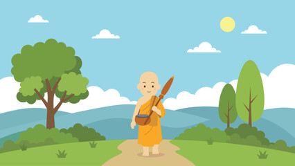 Buddhist Monk Walking on a Nature Path. Young Monk on a Spiritual Journey Through Rural Landscape. Pilgrimage the monk in buddhism.Buddhist Monk with Alms Bowl and Umbrella Walking Outdoors