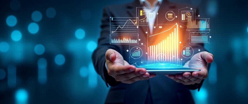 Business professional holds a tablet projecting futuristic data visualizations; camera slowly pans as digital charts animate and glow, set against a cinematic, tech-inspired background.