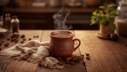 Hot spiced tea served in a cup resting on a scarf, emphasizing seasonal comfort and warmth