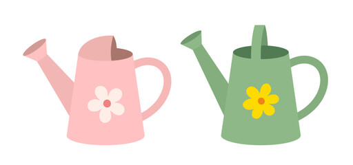 Garden watering can flat vector illustration set. Simple watering can for plants clip art graphic. Outdoor garden watering can icon. Transparent background. SVG. © 素真 莊