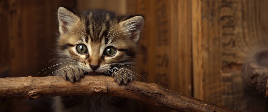 Abyssinian kitten biting a wooden stick