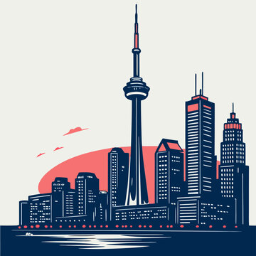 A vibrant cityscape illustration of Toronto's skyline at sunset