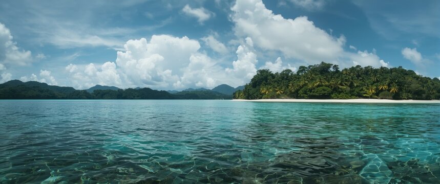 Visit the untouched coral coast at low tide, situated near a vibrant tropical rainforest jungle on a beautiful cloudy day in the stunning Banda Islands, Maluku, Indonesia. This remote area is a