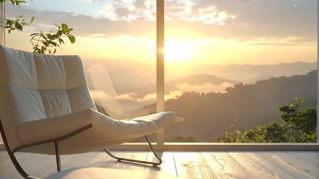 Cozy interior with armchair and open book overlooking a scenic mountain sunrise.