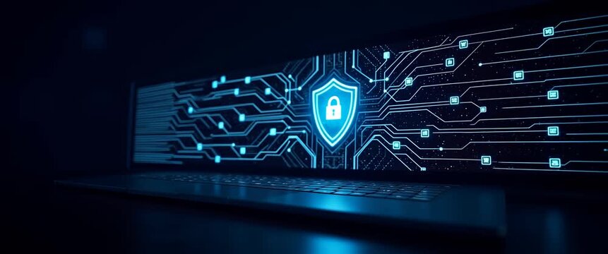 Cinematic view of a laptop screen with digital cybersecurity graphics; camera pans slowly as interface elements animate subtly, creating a dynamic technology and data protection scene.