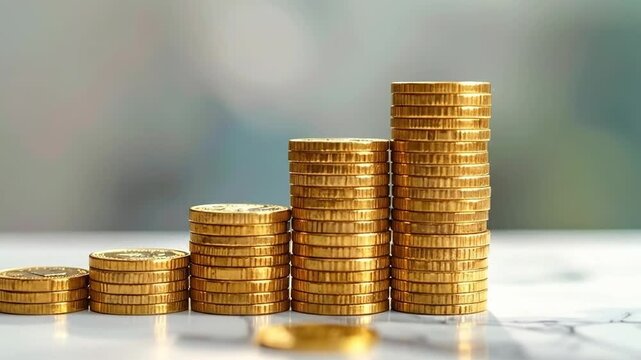 Stacks of golden coins arranged in ascending order, symbolizing financial growth and investment.