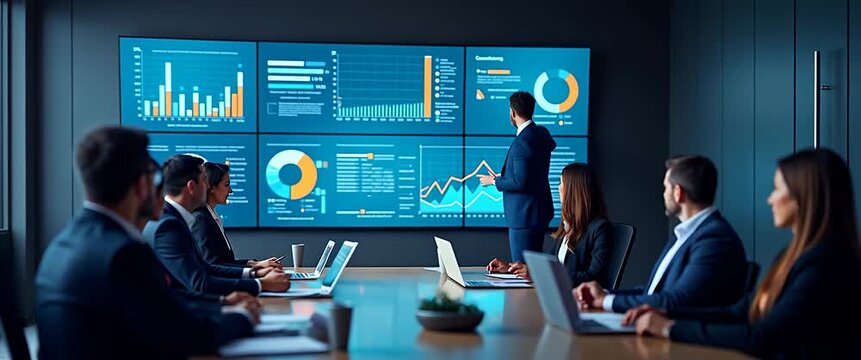 Business meeting with professionals discussing data insights, as the presenter moves confidently, the camera smoothly tracks, and digital graphs animate subtly; cinematic and engaging.