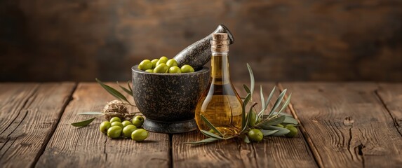 Olives and olive oil in a jar alongside a mortar and pestle on a wooden table