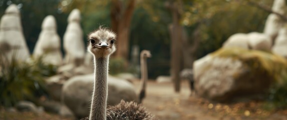 Zoo scene with a small gray baby ostrich