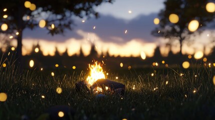 A campfire burns in a grassy field, casting a warm glow and surrounded by twinkling fireflies.