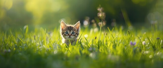 A feline investigating in the grass