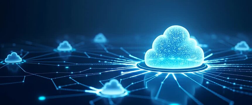 Futuristic cloud network icons glow and interconnect on a digital blue background, with a slow pan across the scene and subtle, ambient light flickering, creating a cinematic and technological atmosph