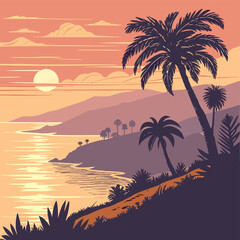 Fototapeta premium A serene tropical landscape with palm trees at sunset over the ocean
