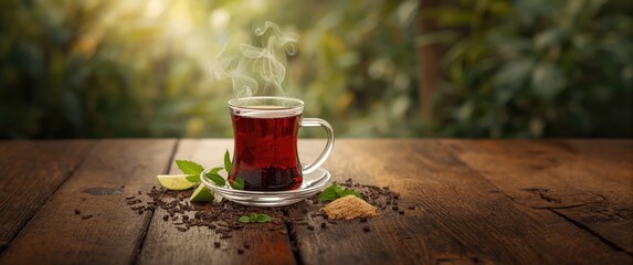 Glass cup of tea with mint leaves, dried tea, sliced lime, and brown sugar