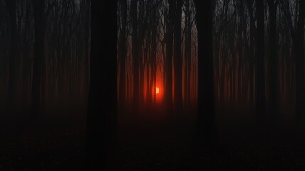 A forest at night with a bright orange light in the center.